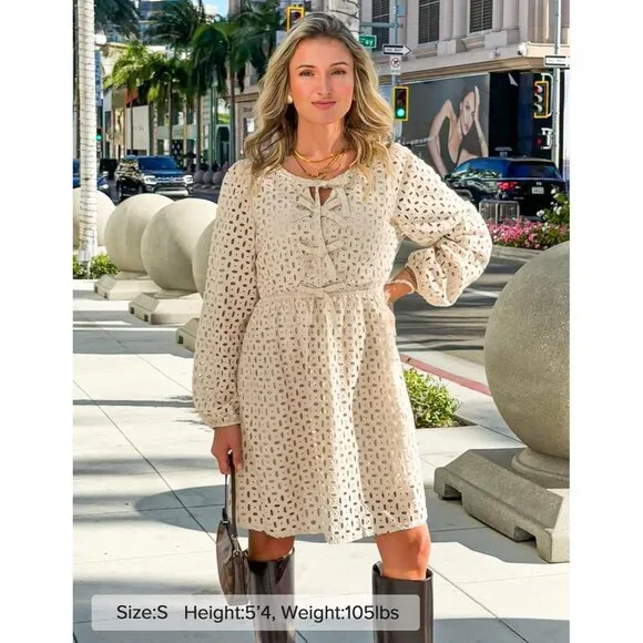 Women's Long Sleeve Mini Dress Viscose Fall Casual Tie Front Eyelet - Picture 6 of 7